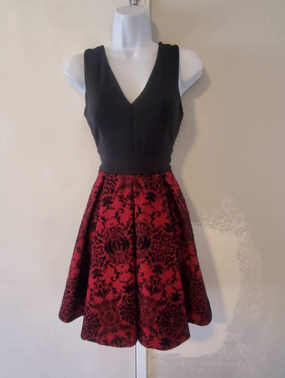 Haute Monde V Neck Black & Burgundy Fit N Flare Velvet Pleated Full Skirt Dress